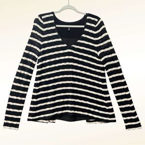 White House Black Market V-Neck Striped Sweater Size Medium Black Cream Lace